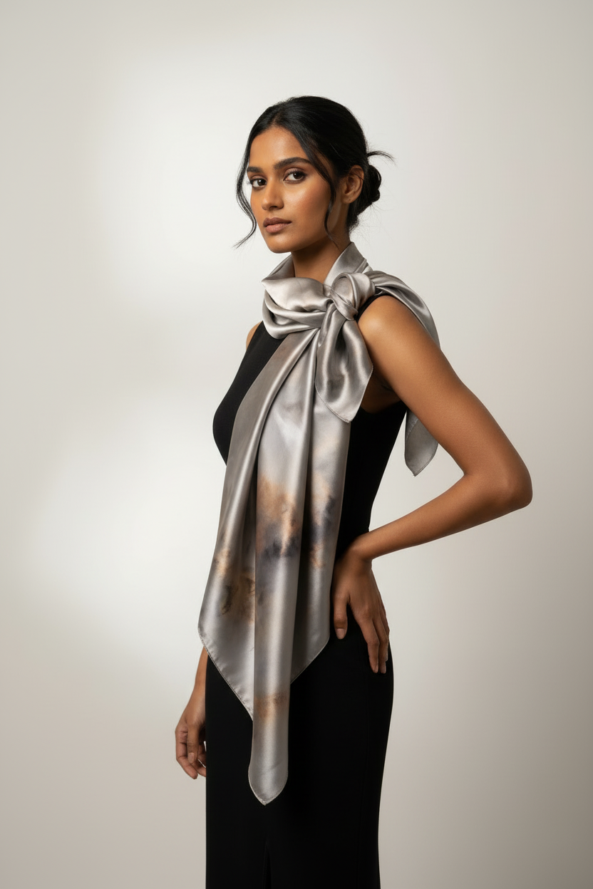 Luxe Shimmer Silk Scarf in Silver Bronze Ombre