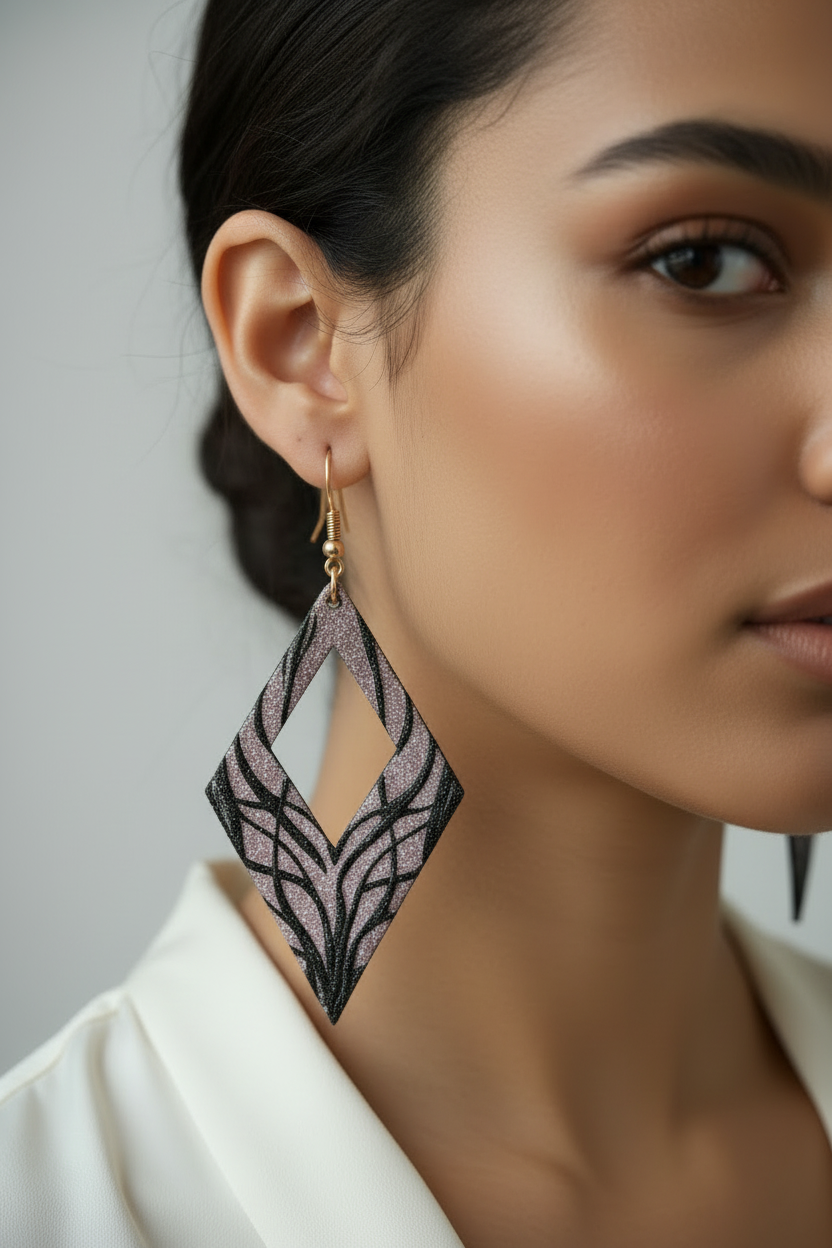 Pink Glitter Geometric Diamond Cutout Drop Earrings
