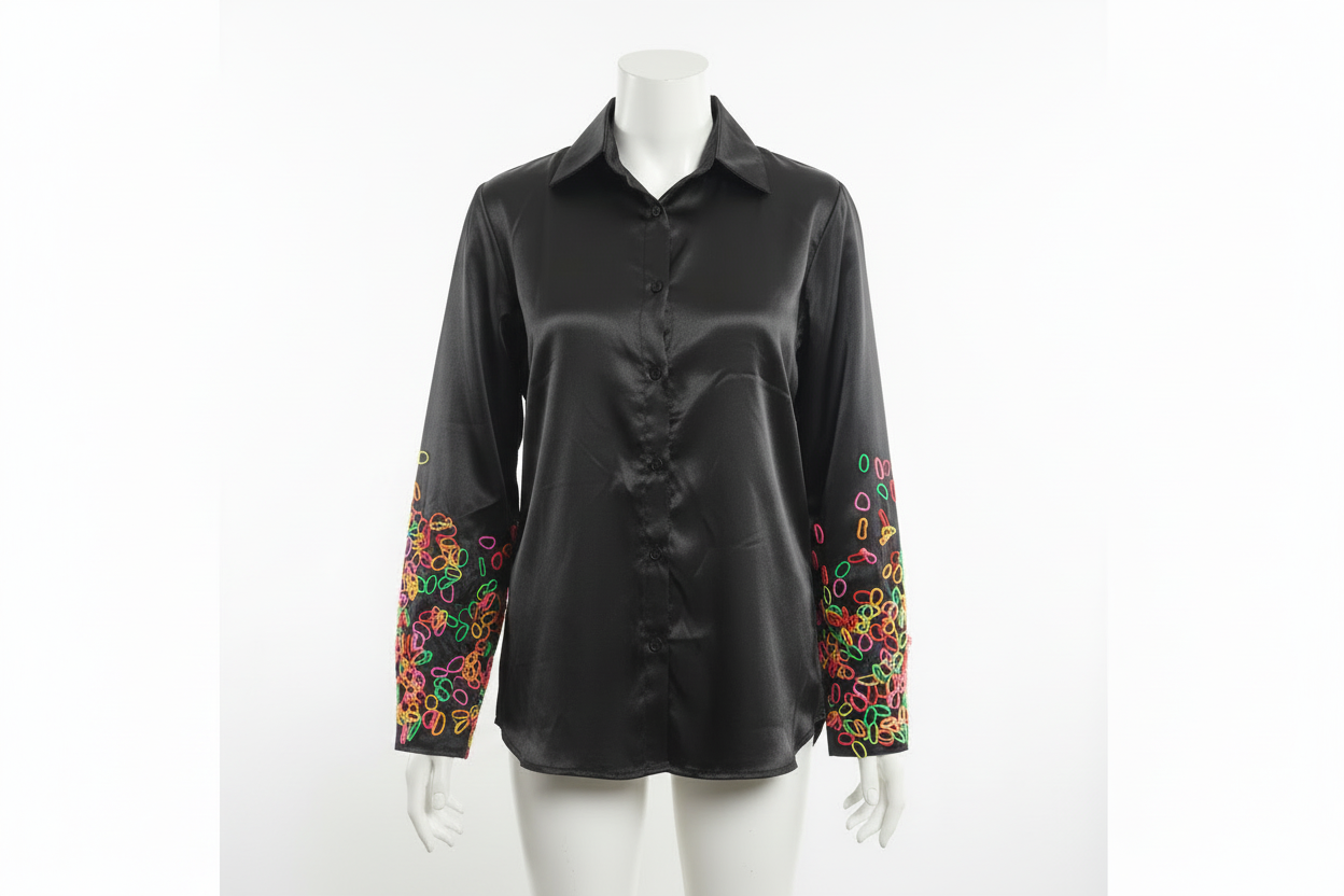 Long sleeved shirt with playful abstract pattern on sleeve.