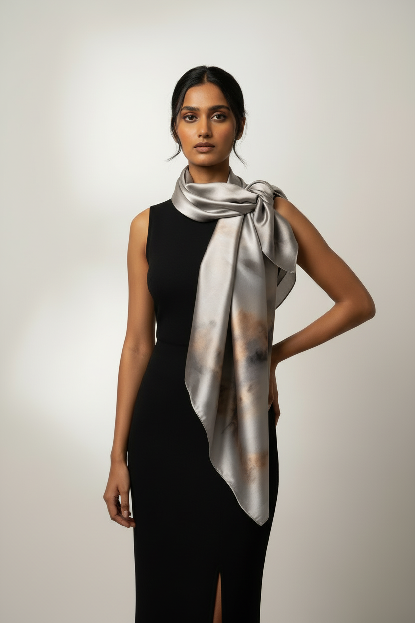 Luxe Shimmer Silk Scarf in Silver Bronze Ombre