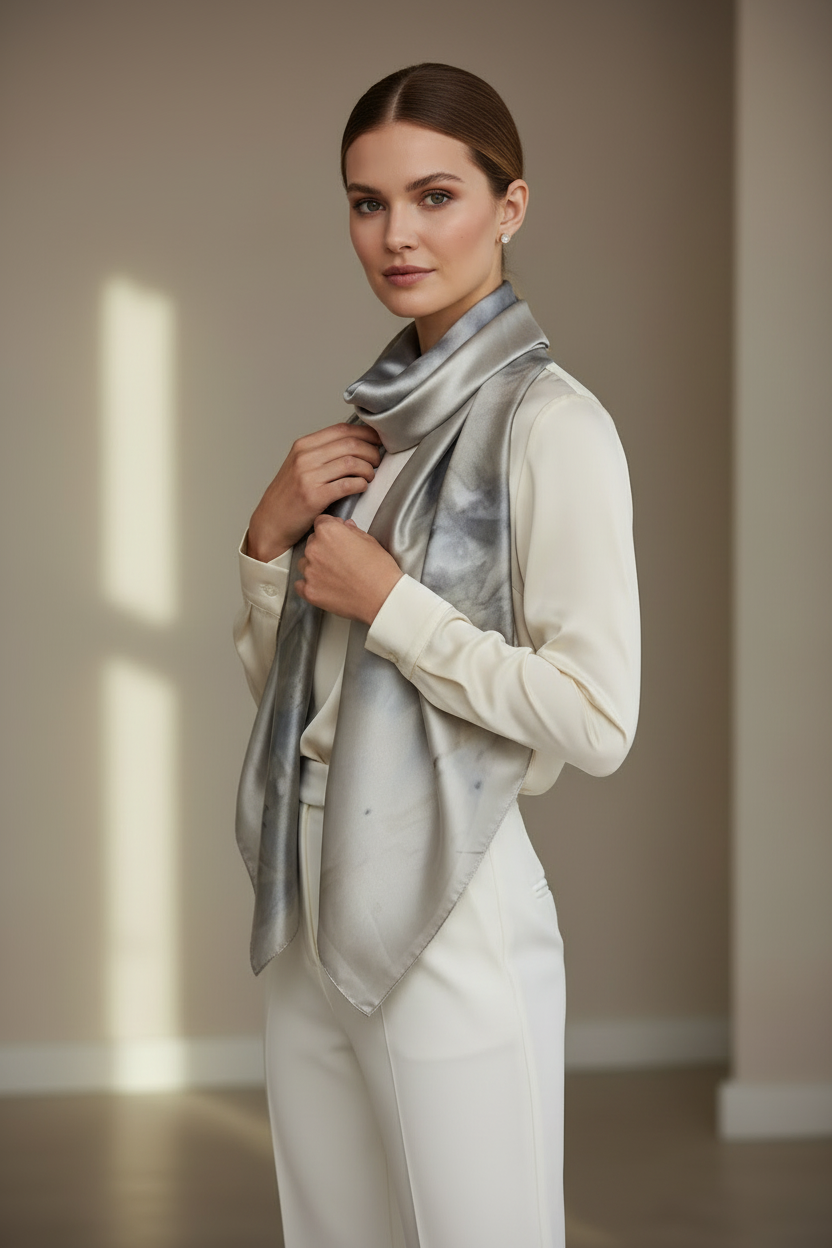 Luxe Shimmer Silk Scarf in Silver Bronze Ombre