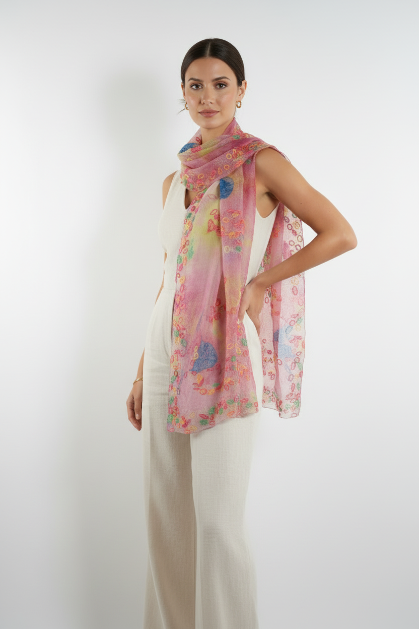 Pink and lime green scarf with rubber bands lace