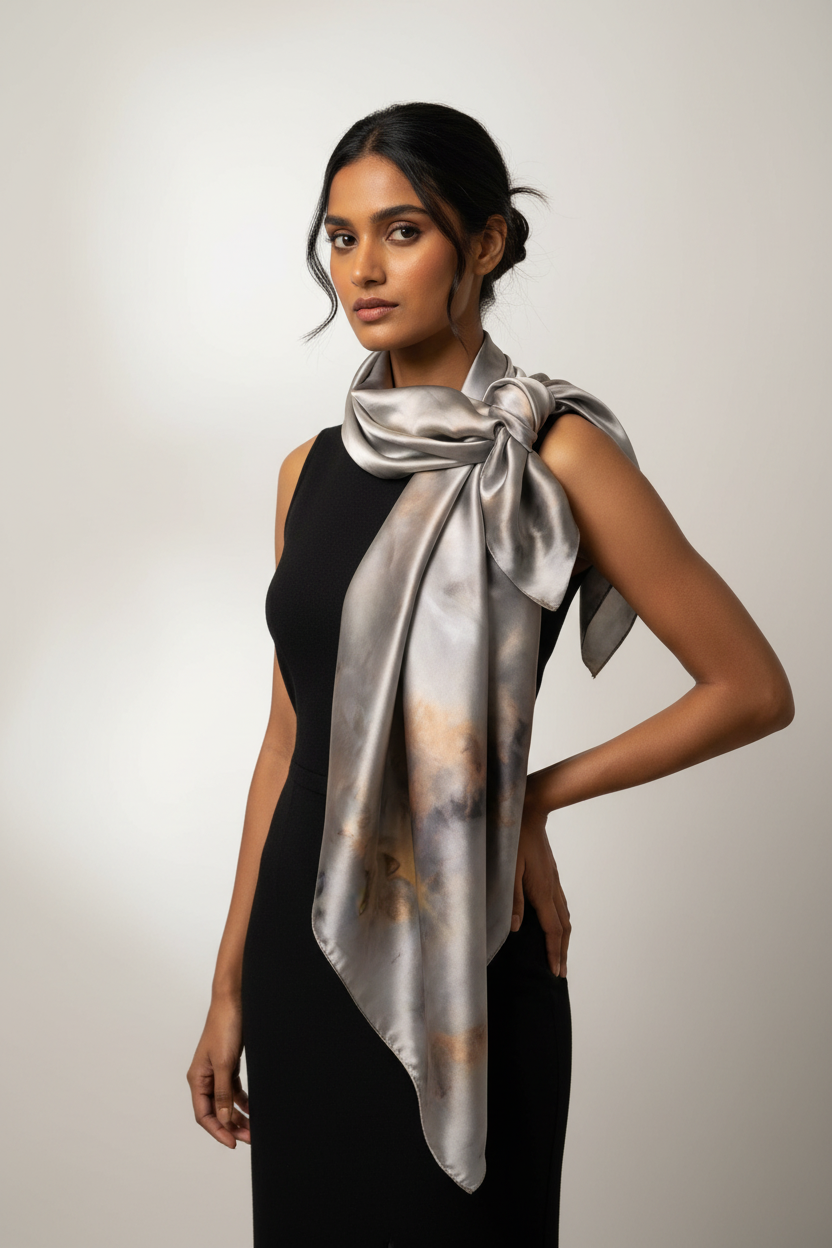 Luxe Shimmer Silk Scarf in Silver Bronze Ombre