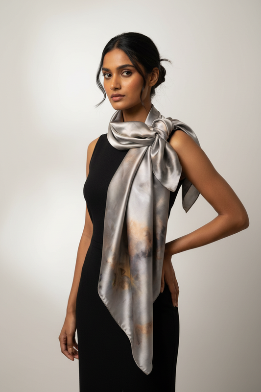 Luxe Shimmer Silk Scarf in Silver Bronze Ombre