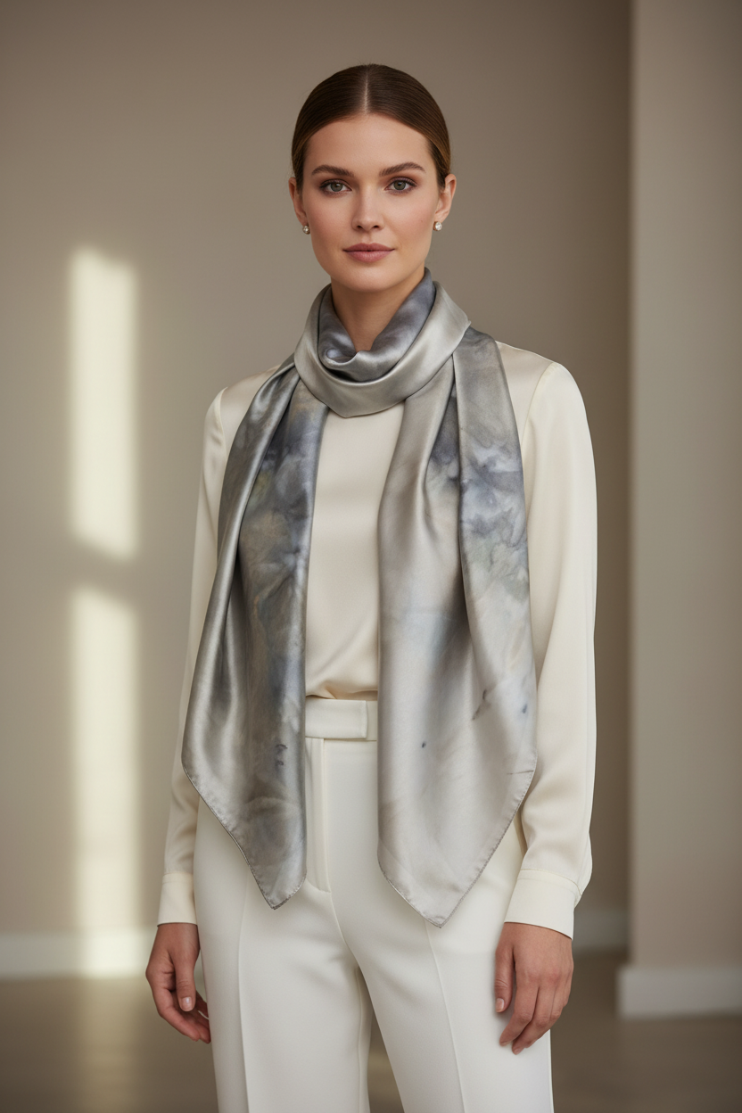 Luxe Shimmer Silk Scarf in Silver Bronze Ombre